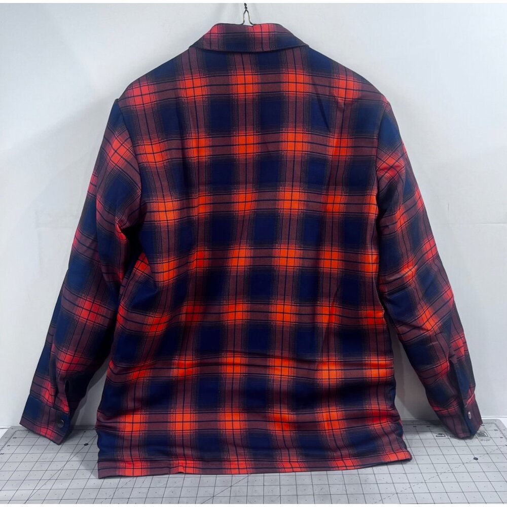 Men's Quilted Flannel Shirt Jacket Plaid Blue & Orange Sz. L Pearl Snap Vintage - Picture 2 of 13